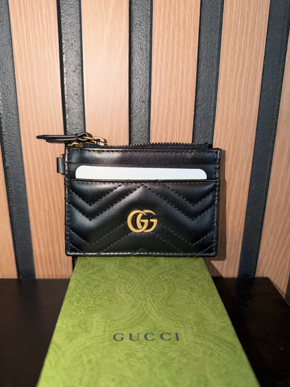 Gucci Black Quilted Leather Card Holder with Gold GG and Chain